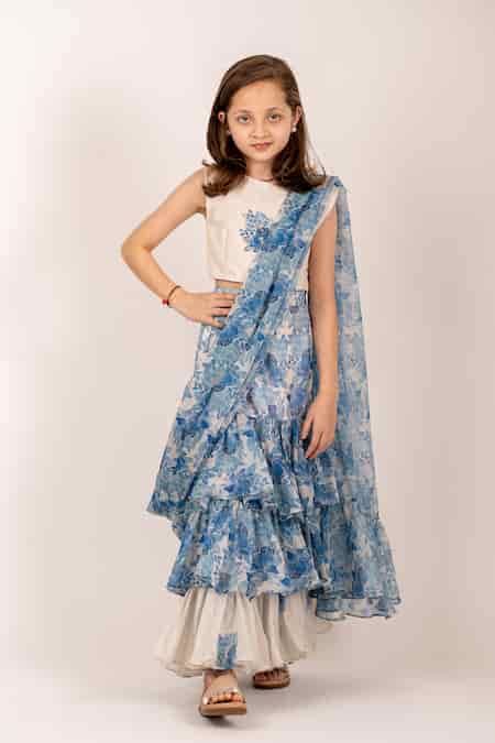 Buy Blue Cotton, Rayon, Bloom Garden Print Pre-draped Ruffle Saree With ...