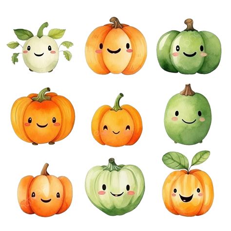 Watercolor Drawing, Set Of Cute Halloween Pumpkins, Green And Orange ...