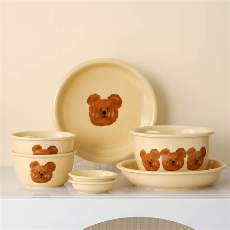 Poecelain Oven Safe Dinnerware Set in Yellow with Bear Pattern - 7 ...