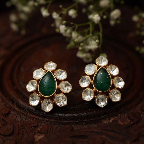 Siya Polki Ear Stud in Green | Classic Elegance for Girls and Women