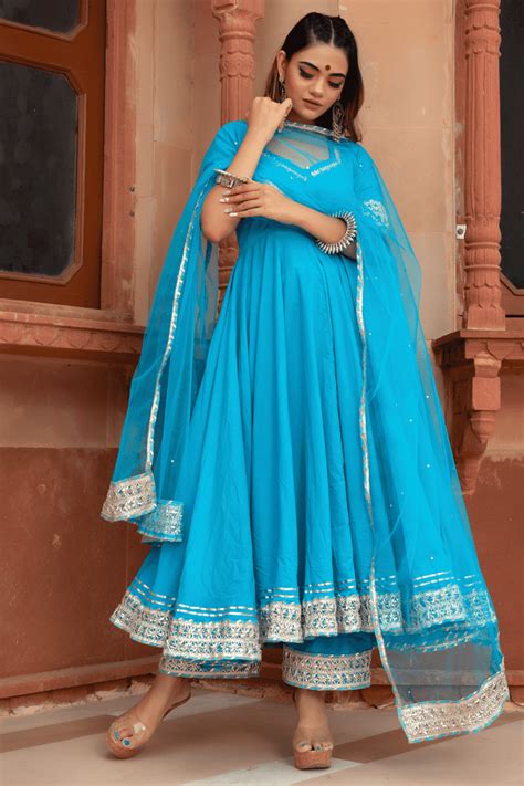 KALAMKARI BLUE PURE COTTON ANARKALI SET WITH SOFT NET DUPATTA – Pomcha ...