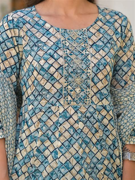 Blue Checkered Print Anarkali Kurta Trouser With Dupatta Set – Yufta Store