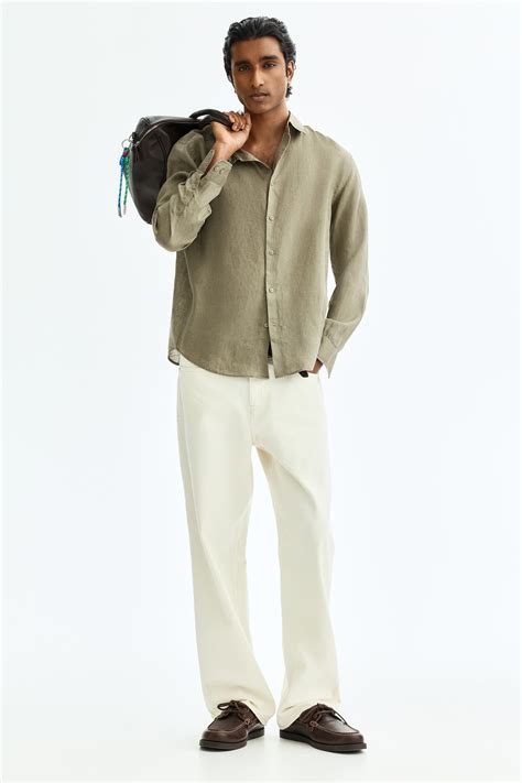 Men’s Khaki green Slim Fit Linen shirt | H&M IN