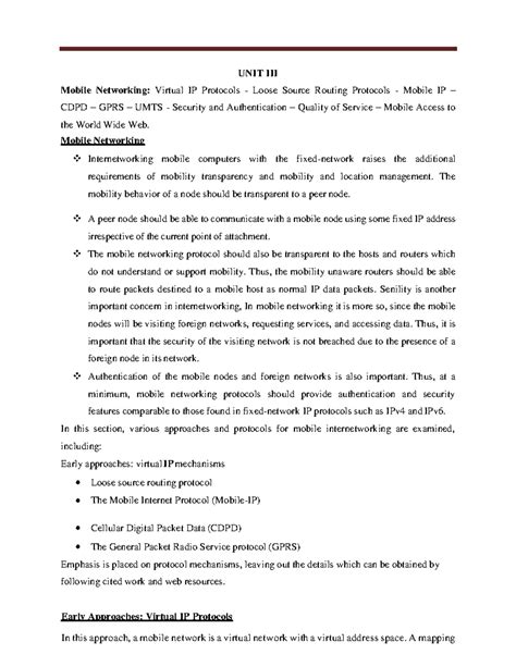 MC UNIT-III - UNIT III Mobile Networking: Virtual IP Protocols - Loose ...
