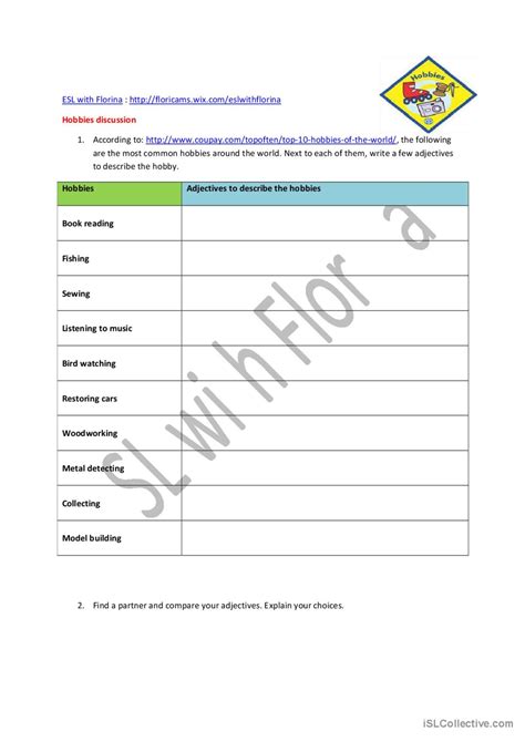 Hobbies adjective activity: Français FLE fiches pedagogiques pdf & doc