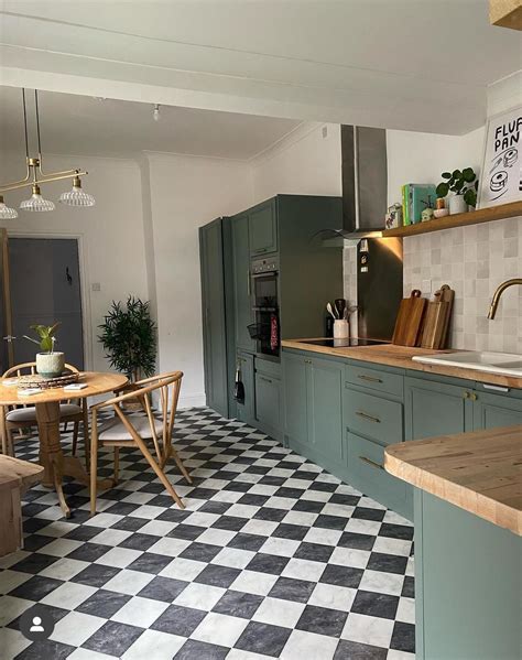 Modern Kitchen with Black and White Checkered Flooring