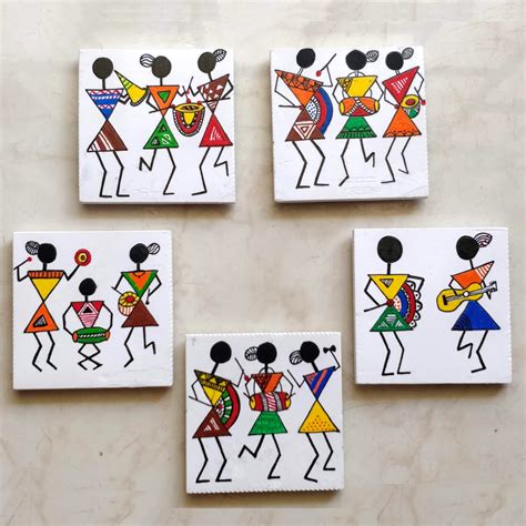 Vibrant Coasters with Warli Tribal Art (Set of 6) – Kreate