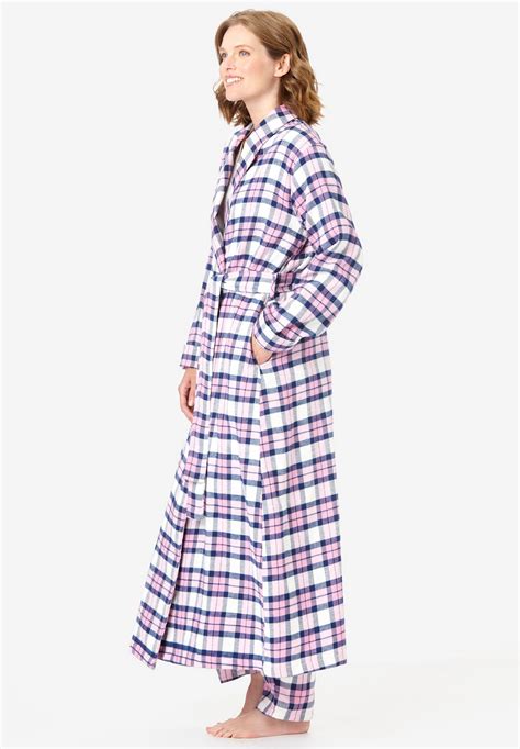 Women's Long Cotton Flannel Robe with Pockets, Red Buffalo Check ...
