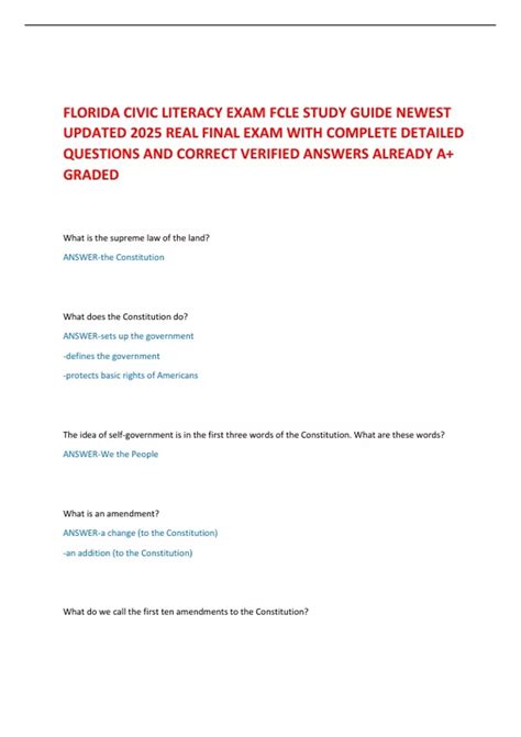 FLORIDA CIVIC LITERACY EXAM FCLE STUDY GUIDE NEWEST UPDATED 2025 REAL ...