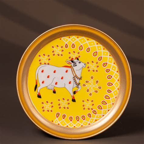 Cow & Red Kolam Printed Yellow Brass Coated Plate - 6 Inches - KG29114 ...
