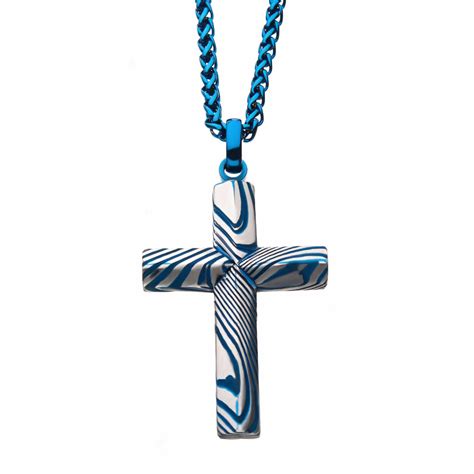 Buy Blue Stainless Steel Damascus Religious Cross Pendant with Chain ...