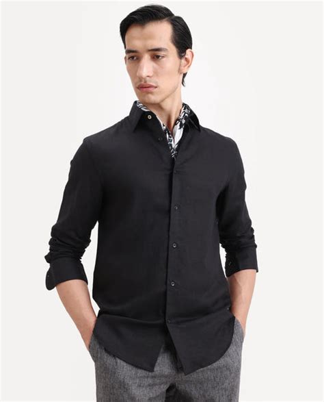 Rare Rabbit Men's Linex Ls Black Linen Blend Fabric Full Sleeve Spread