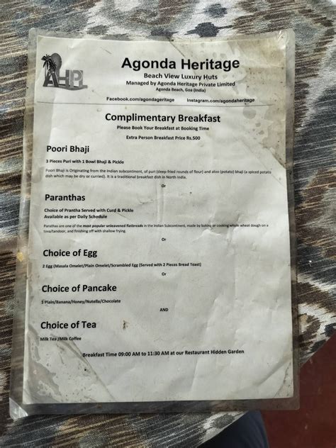 Menu at Hidden Garden - Agonda Beach, Agonda