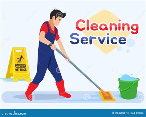 Man Worker Mopping the Floor. Male Cleaning Service. Vector ...