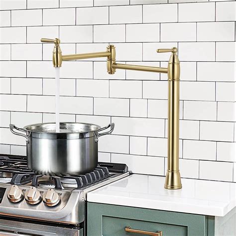 WOWOW Deck Mount Brushed Gold Pot Filler Kitchen Folding Stove Faucet