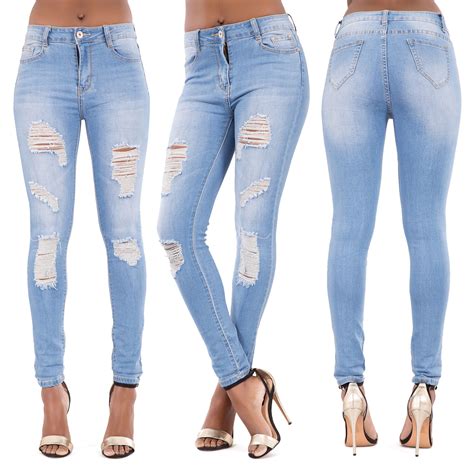 Womens Ladies Sexy High Waist Skinny Ripped Jeans Blue Stretch Denim ...