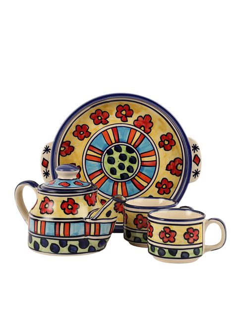 VarEesha Red Flowers Ceramic Tea pot with Cups and Tray Gift Set