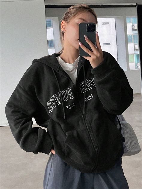 DAZY Women's Loose Fit Casual Letter Print Drop Shoulder Zip Up Hoodie ...