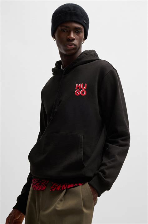 HUGO - Cotton-terry hoodie with stacked logo print - Black