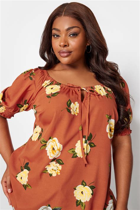 YOURS Plus Size Rust Orange Floral Print Puff Sleeve Gypsy Top | Yours ...