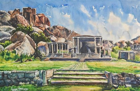 "Majestic Rocks Of Hampi": Green Religious painting by Lasya Upadhyaya ...
