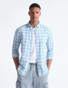 FLYING MACHINE Men Checkered Casual White, Light Blue Shirt - Buy ...