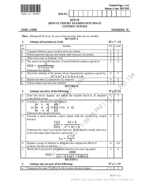 BEC602 - Control System Theory Exam Notes for BTECH (SEM VI) - Studocu