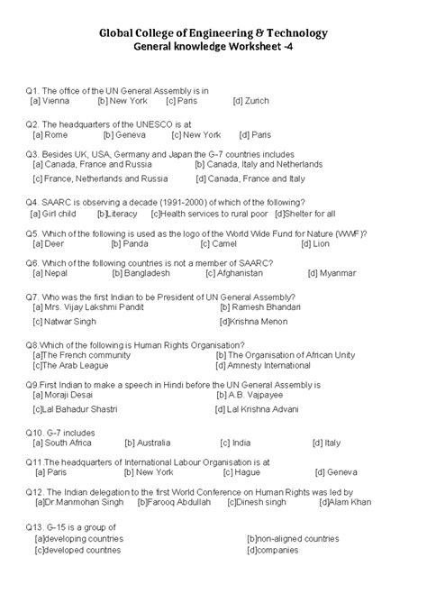 GCE 101 General Knowledge Worksheet Q1-Q13 on Global Affairs - Studocu