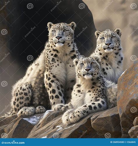 Snow Leopard Family on Rocky Outcropping in Remote Alpine Wilderness Stock Image - Image of cats ...