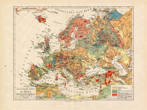 ANTIQUE Geological Map of Europe – Vintage 1800’s Print - Century Library
