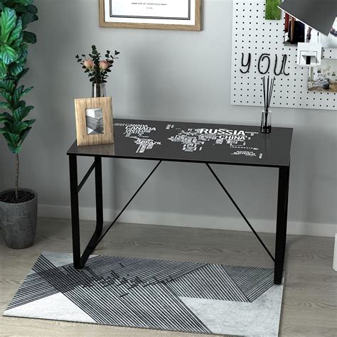 Buy HOMCOM Glass Top Writing Desk with World Map Printing Working ...
