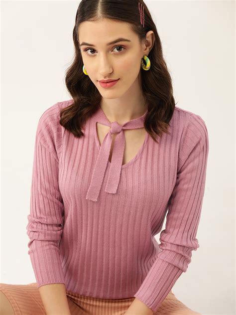 Buy 4WRD By Dressberry Women Pink Self Striped Tie Up Neck Pullover ...