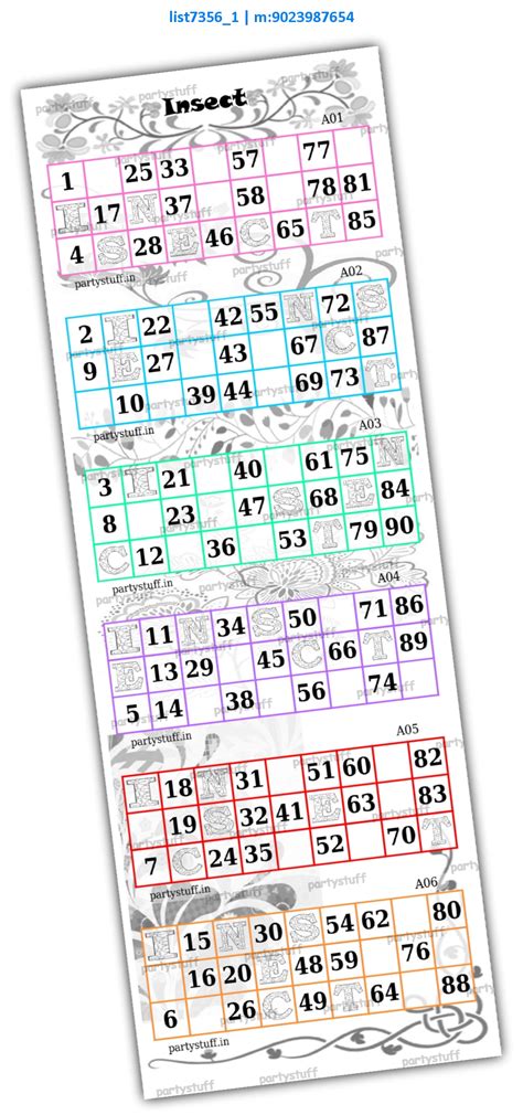 kukuba grid | Tambola Housie | Insect Designs