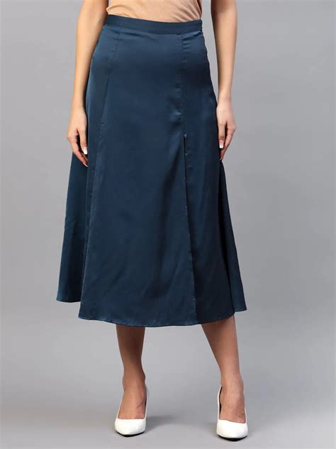 Teal Front Slit Midi A-Line Skirt | Elastic Waistband, Flared Hem ...