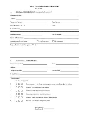 Fillable Online bia PAST PERFORMANCE QUESTIONNAIRE Solicitation - bia ...