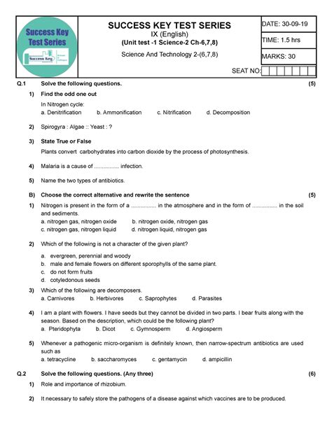 Class 9 E unit T-1 Science -2 Q - SEAT NO: SUCCESS KEY TEST SERIES IX ...