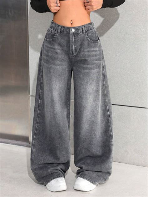 SHEIN Teen Girls Y2K Fashion Retro Grey Washed Low-Waisted Slanted ...
