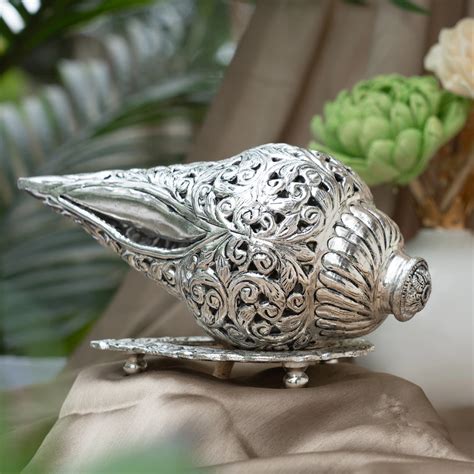 Handcrafted German Silver Carved Shankh with Stand | The Zappy Box