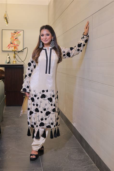 Long kurta with stand colar Neck and velvet patch work in the Daman an ...