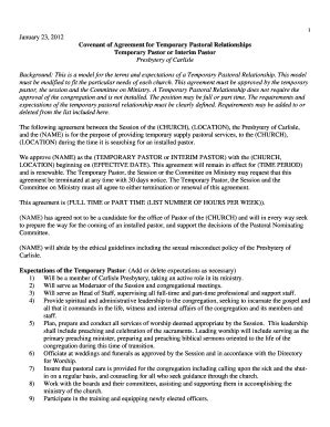 Fillable Online Covenant of Agreement for Temporary Pastoral ...