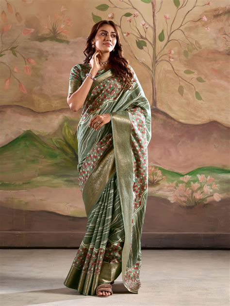 Buy Green Malai Silk Printed Saree With Zari Floral Border And Blouse ...
