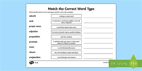 Match the Correct Word Class Worksheet - Twinkl