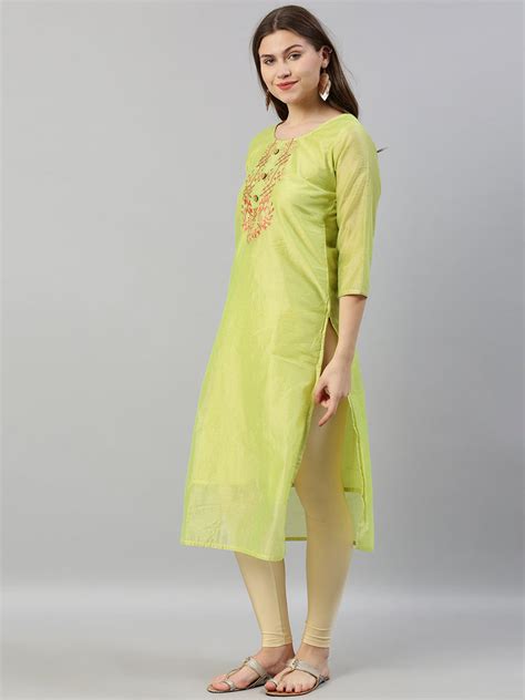 Neeru's Women Green Solid Straight Kurta With Embroidered Detailing ...