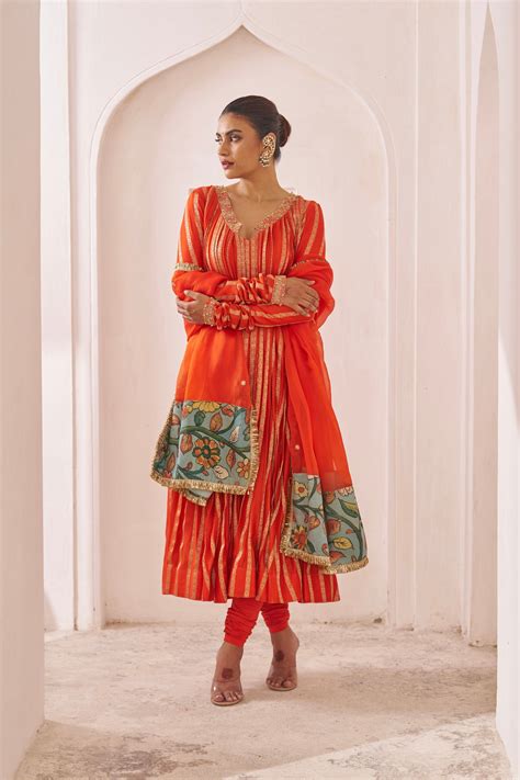 Orange Zari Stripes Anarkali Set – Aamra by Lavanya
