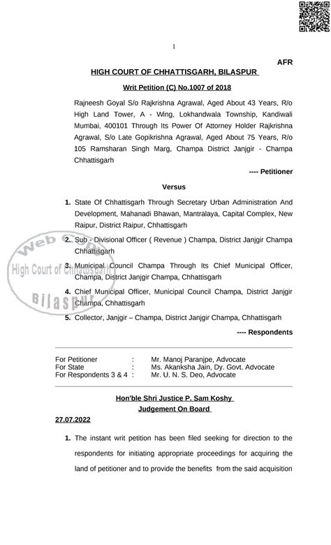 WP(C)1007 18(27 - Gbybybybbbyb - AFR HIGH COURT OF CHHATTISGARH ...