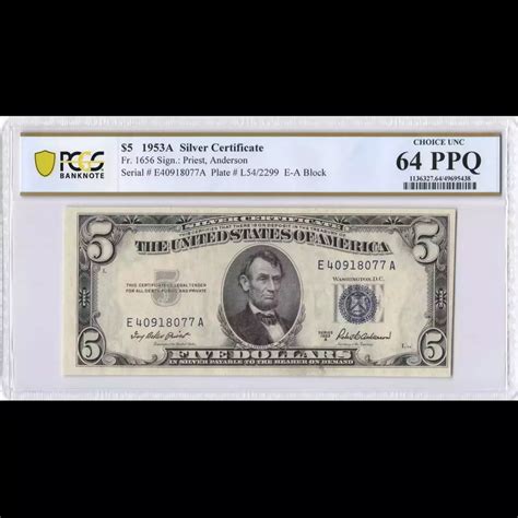 PCGS Choice UNC 64 PPQ Series 1953A $5 Silver Certificate, Priest ...
