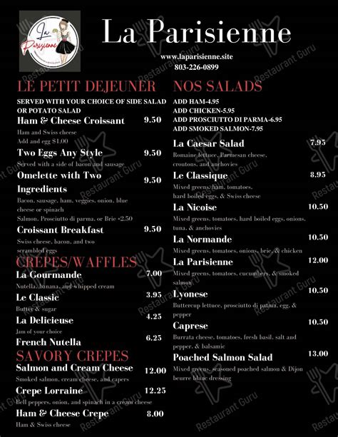 Menu at La Parisienne French restaurant and bakery, Aiken