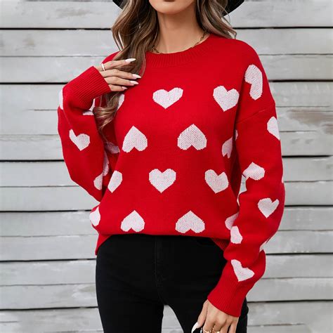 Wancir Women Heart Print Sweater Romantic Oversized Knitted Shirt ...