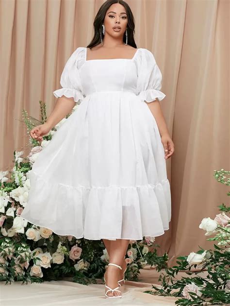 SHEIN Belle Plus Square Neck Puff Sleeve Milkmaid Wedding Dress | SHEIN USA
