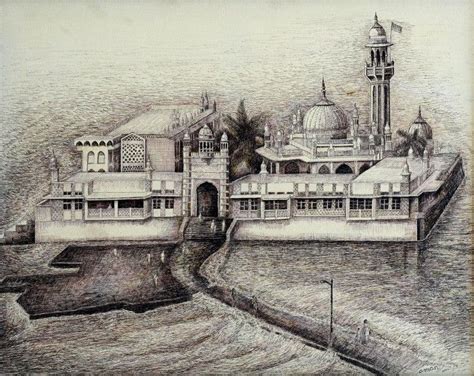 "Haji Ali Darga": Steel Grey Ink Drawing (22x32) by Aman A | ArtZolo.com